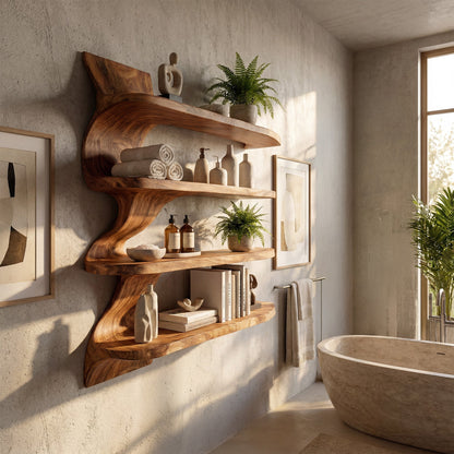 Organic Wood Dining Wall Shelf With Open Storage