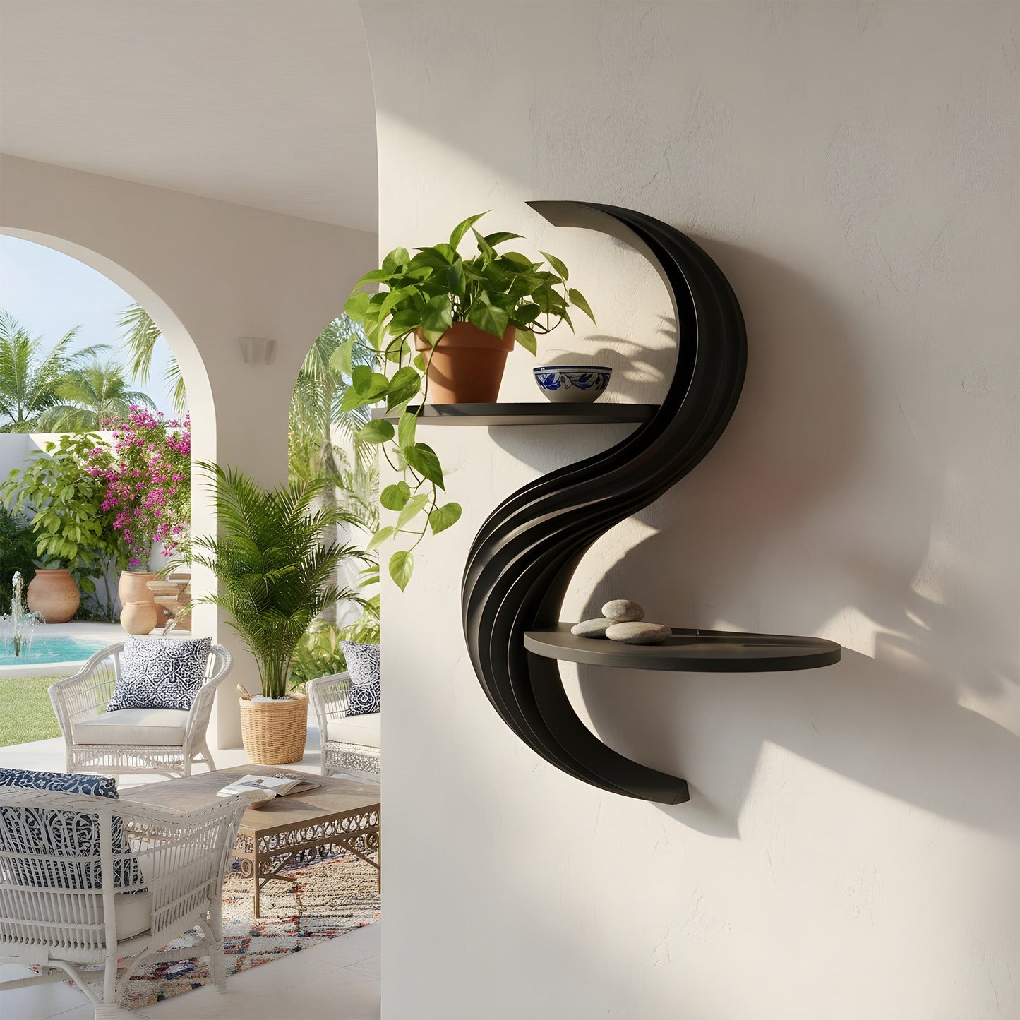 Curved Dual-Tier Floating Wall Shelf with Sculptural Form
