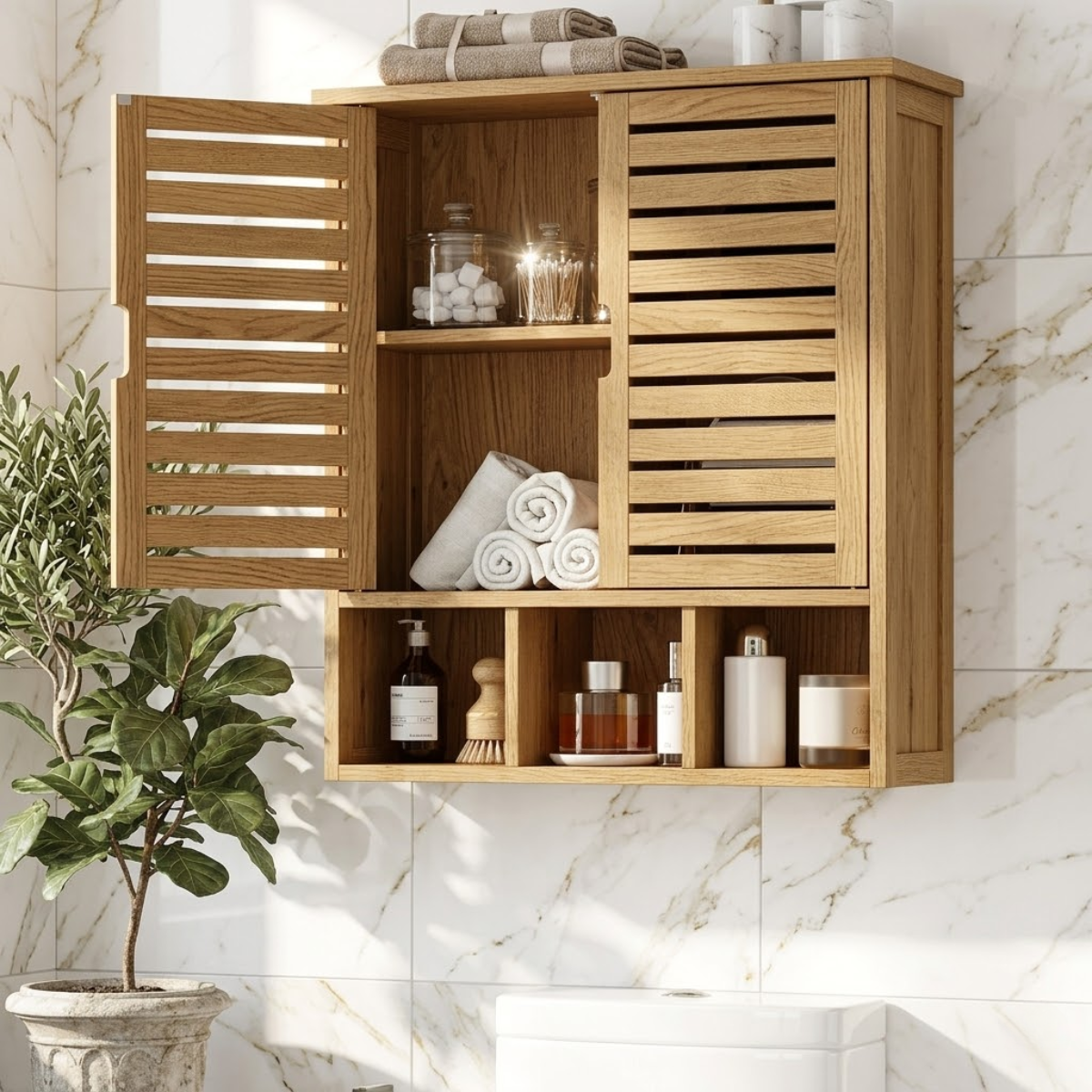 Floating Bathroom Cabinet, Wall-Mounted Slatted Vanity Storage Organizer Shelf Unit