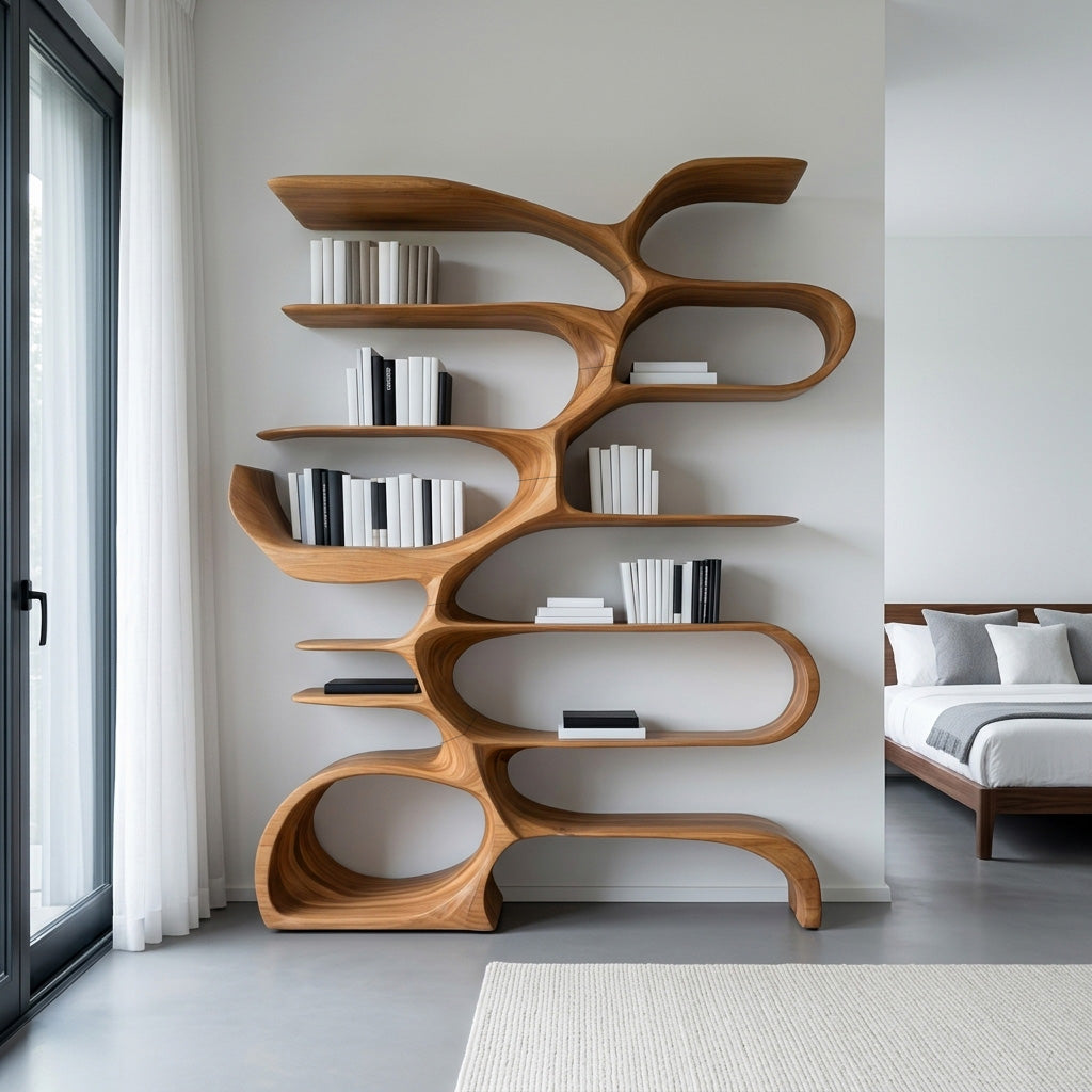 Sculptural Wooden Bookcase For Modern Living Room Storage Kitchnce