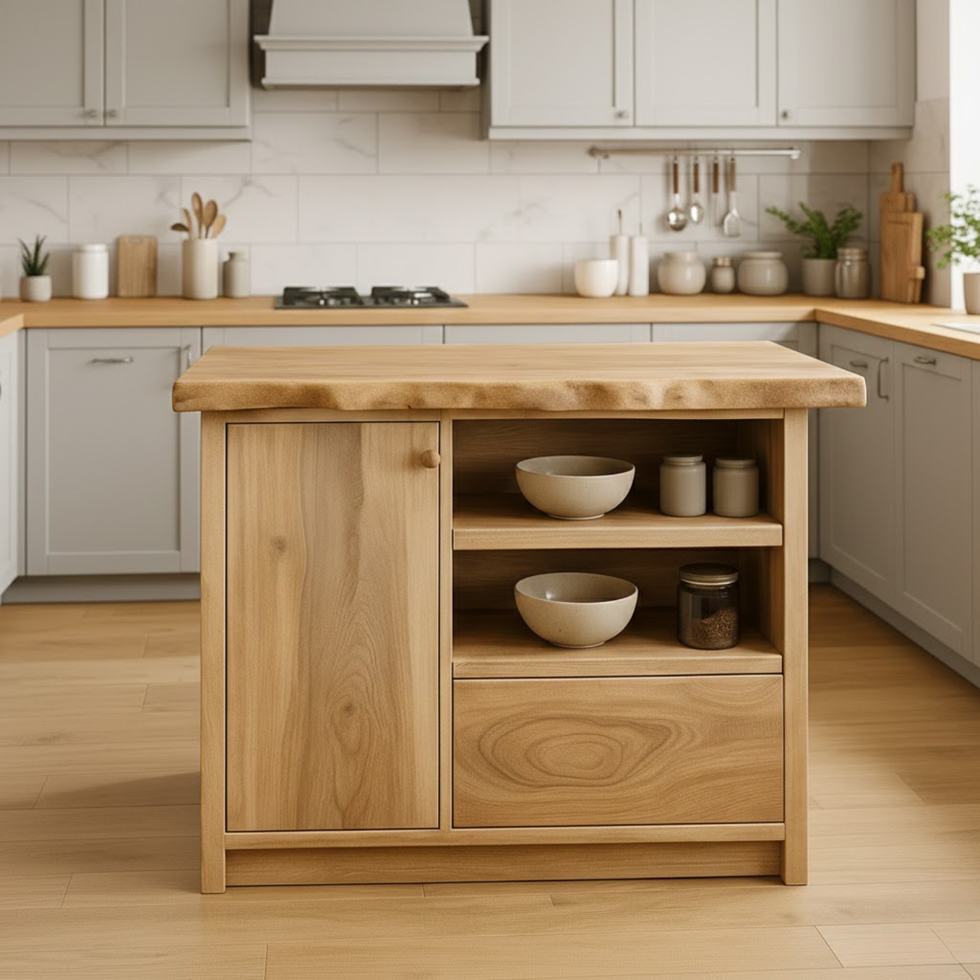 Solid Wood Kitchen Island with Cabinet and Open Shelves, Modern Oak Kitchen Prep Table
