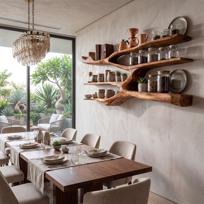 Flowing Wood Wall-Mounted Shelf With Open Display