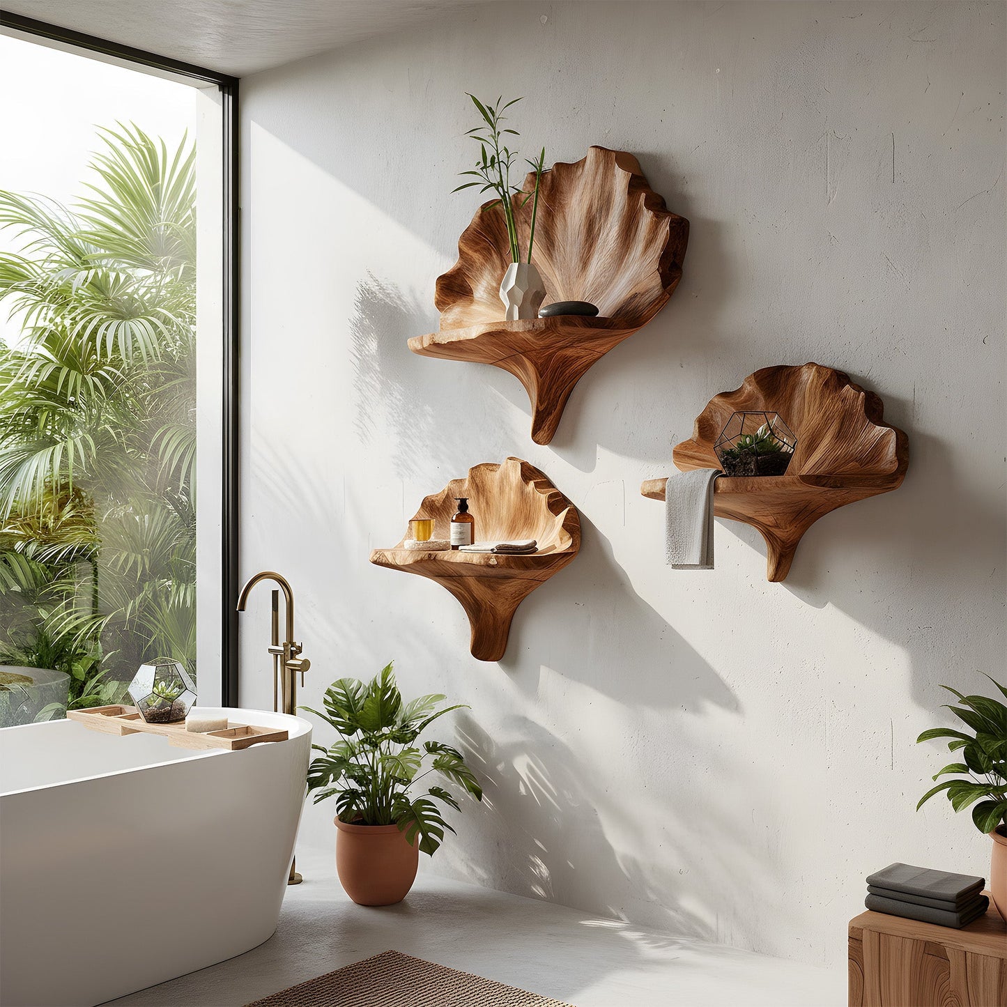 Sculptural Floating Wall Shelf Set in Natural Wood with Layered Organic Form