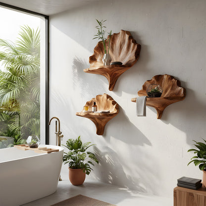 Sculptural Floating Wall Shelf Set in Natural Wood with Layered Organic Form