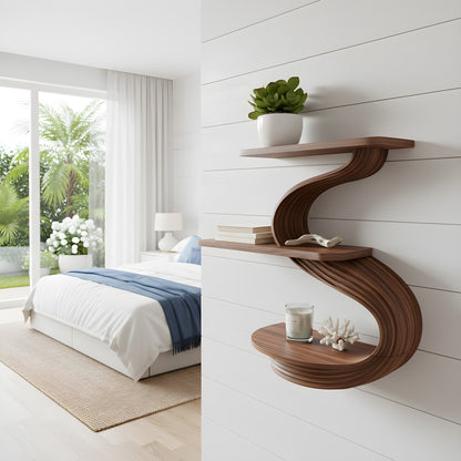 Three-Tier S-Shaped Floating Wall Shelf in Natural Wood