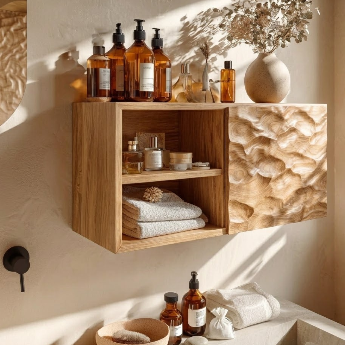 Floating Bathroom Cabinet, Modern Sculpted Wall Mounted Vanity Storage Organizer