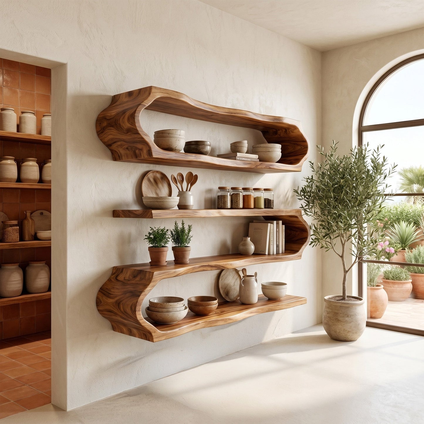 Flowing Wood Wall-Mounted Shelf With Open Display