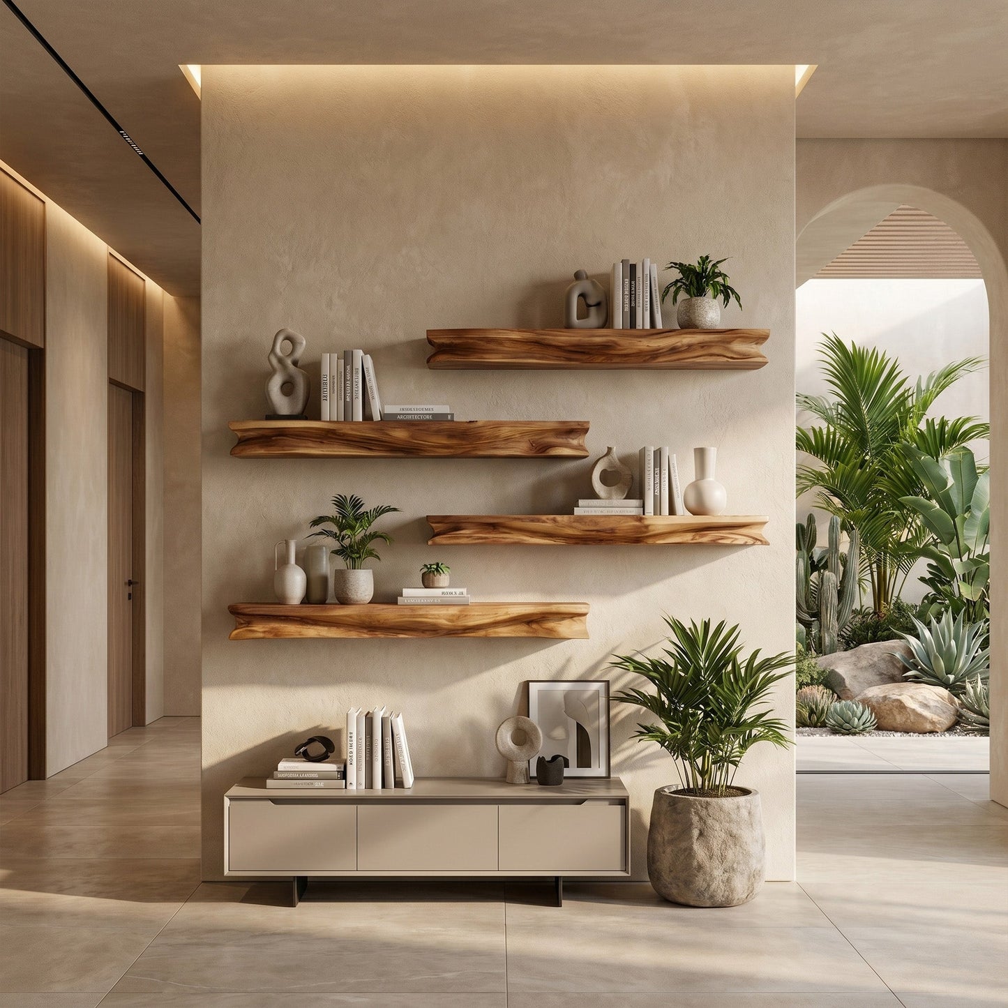 Layered Wood Wall-Mounted Shelf With Sculptural Display