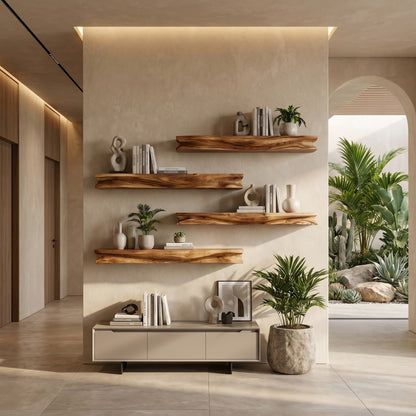 Layered Wood Wall-Mounted Shelf With Sculptural Display