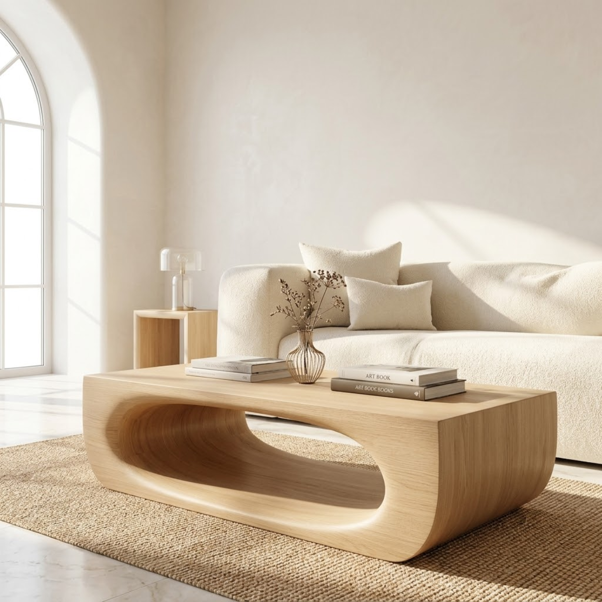 Modern Sculptural Coffee Table with Open Base, Minimalist Living Room Centerpiece