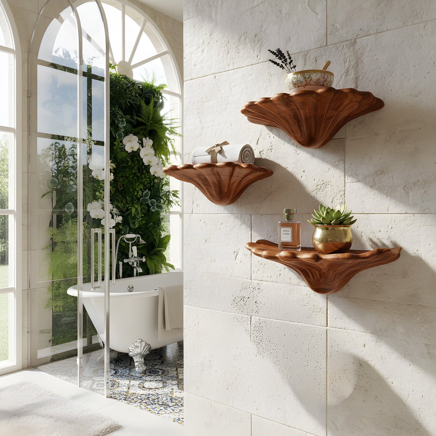 Sculptural Floating Wall Shelf Trio in Natural Wood with Organic Form