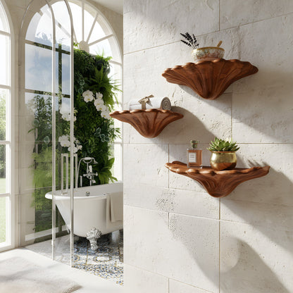 Sculptural Floating Wall Shelf Trio in Natural Wood with Organic Form
