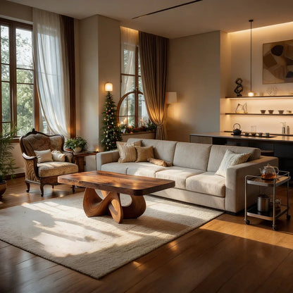 Square Natural Wood Coffee Table with Interwoven Sculptural Base