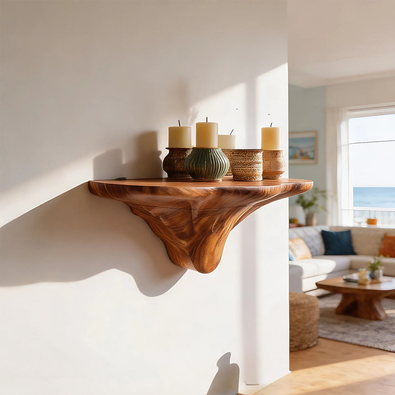 Sculptural Floating Wall Shelf in Natural Wood with Organic Form