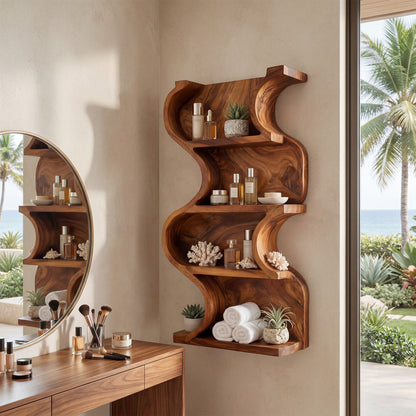 Vertical Wood Wall Shelf With Curved Open Display