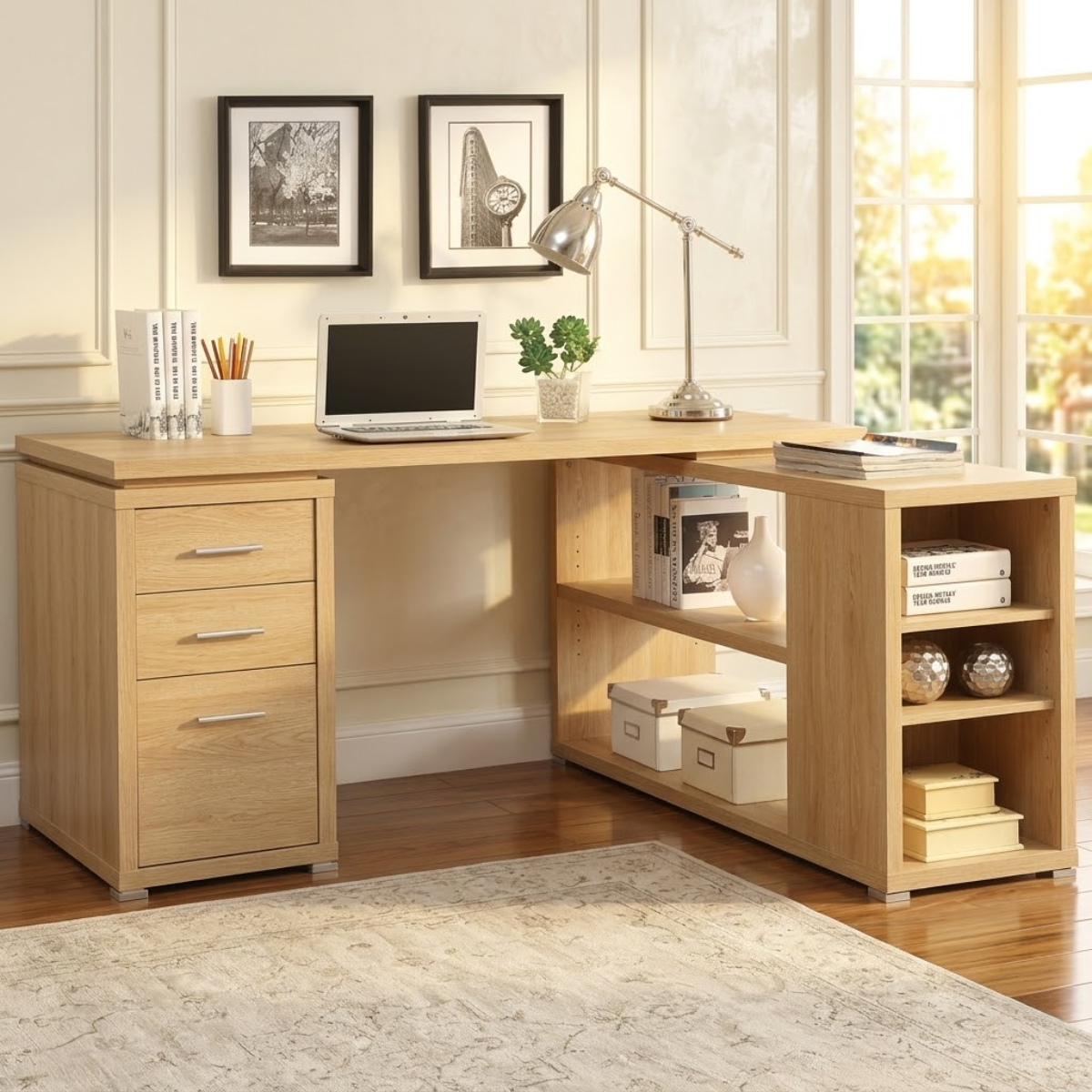 Contemporary L-Shaped Corner Desk with Drawers, Shelves, Home Office Workstation Writing Table