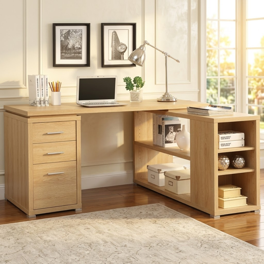 Contemporary L-Shaped Corner Desk with Drawers, Shelves, Home Office Workstation Writing Table