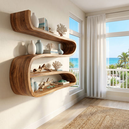 Sculptural Wood Wall-Mounted Shelf With Open Display