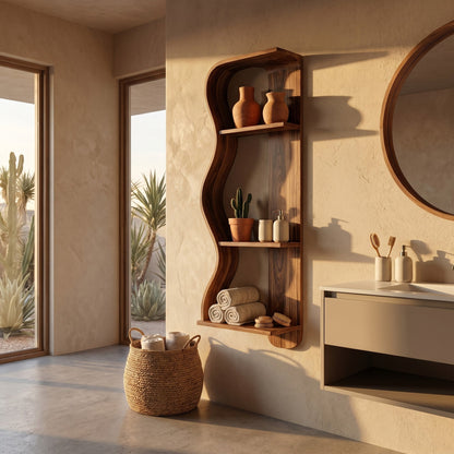 Vertical Wood Wall Shelf With Sculptural Open Display
