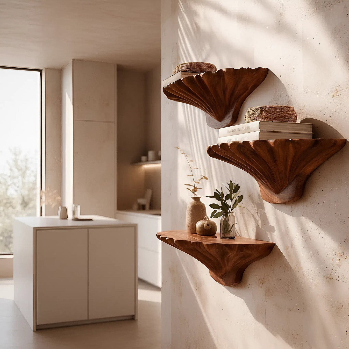 Organic Sculptural Floating Wall Shelf Set in Natural Wood