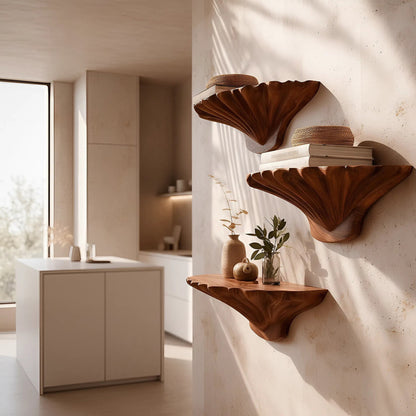 Organic Sculptural Floating Wall Shelf Set in Natural Wood