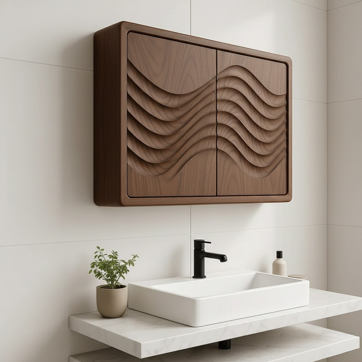 Handcrafted Solid Wood Wall Cabinet with Sculpted Wave Doors – Modern Artistic Bathroom Storage Kitchnce