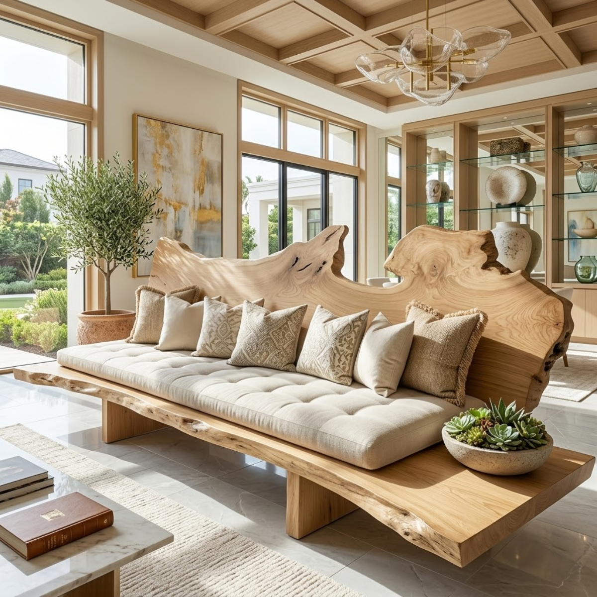 Organic Modern Live Edge Sofa Bench, Rustic Statement Living Room Furniture Design