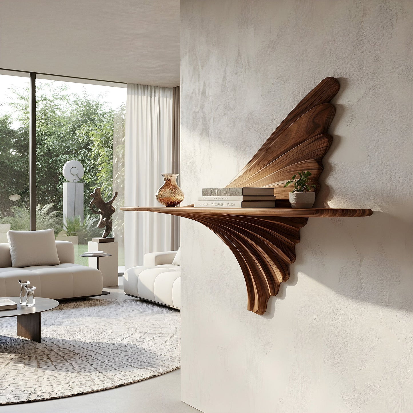 Fan Sculptural Floating Wall Shelf in Natural Wood