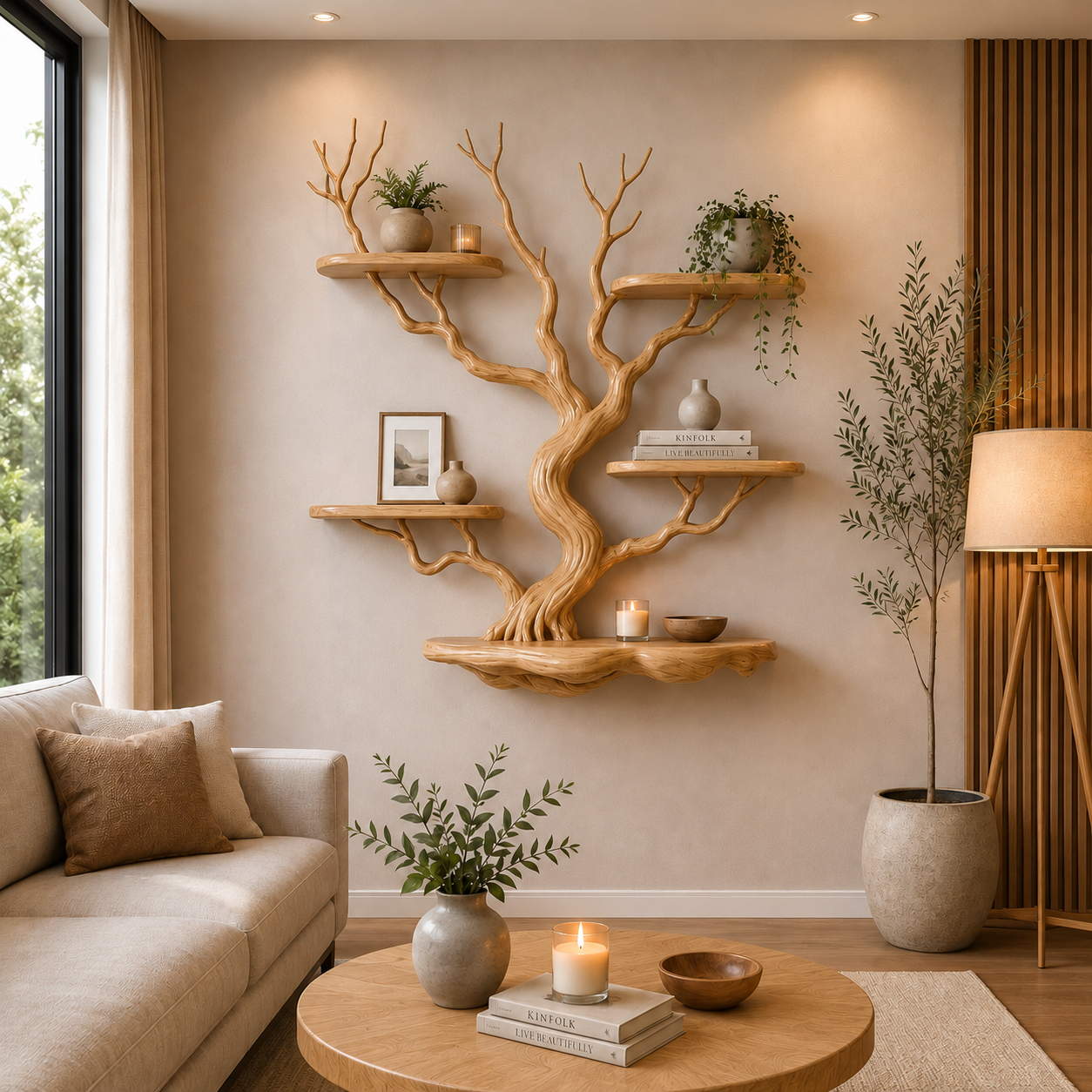 Nature Inspired Solid Wood Tree Bookshelf with Floating Display Shelves