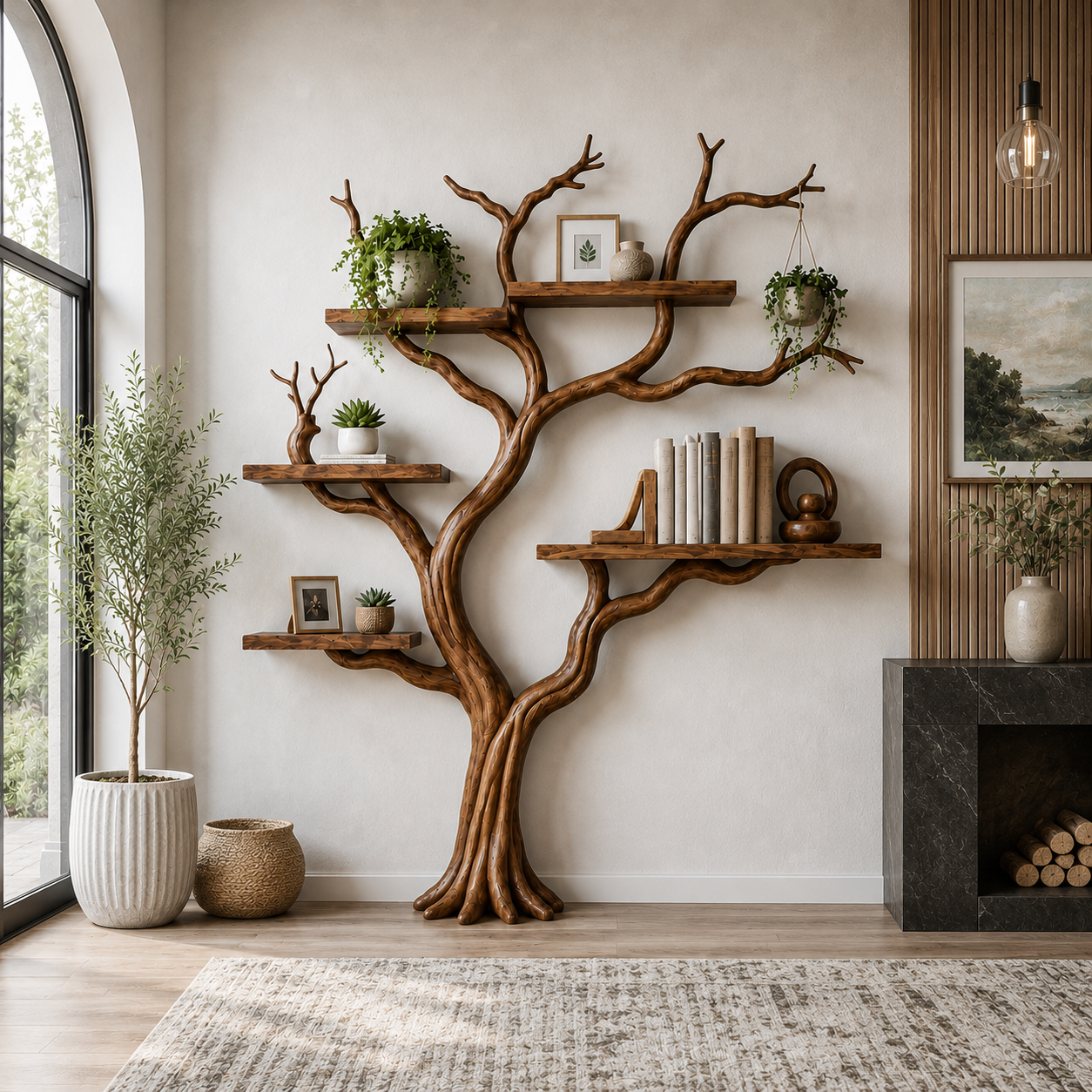 Rustic Solid Wood Tree Bookshelf for Elegant Living Room Storage