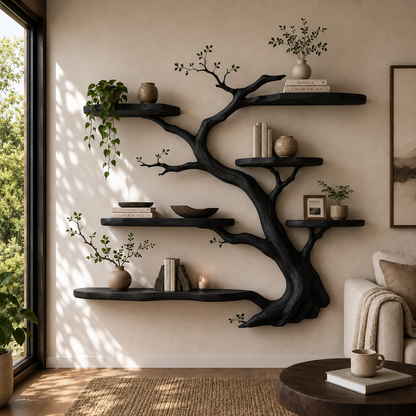 Organic Solid Wood Tree Bookshelf Floating Wall Shelf Handmade Rustic Home Decor