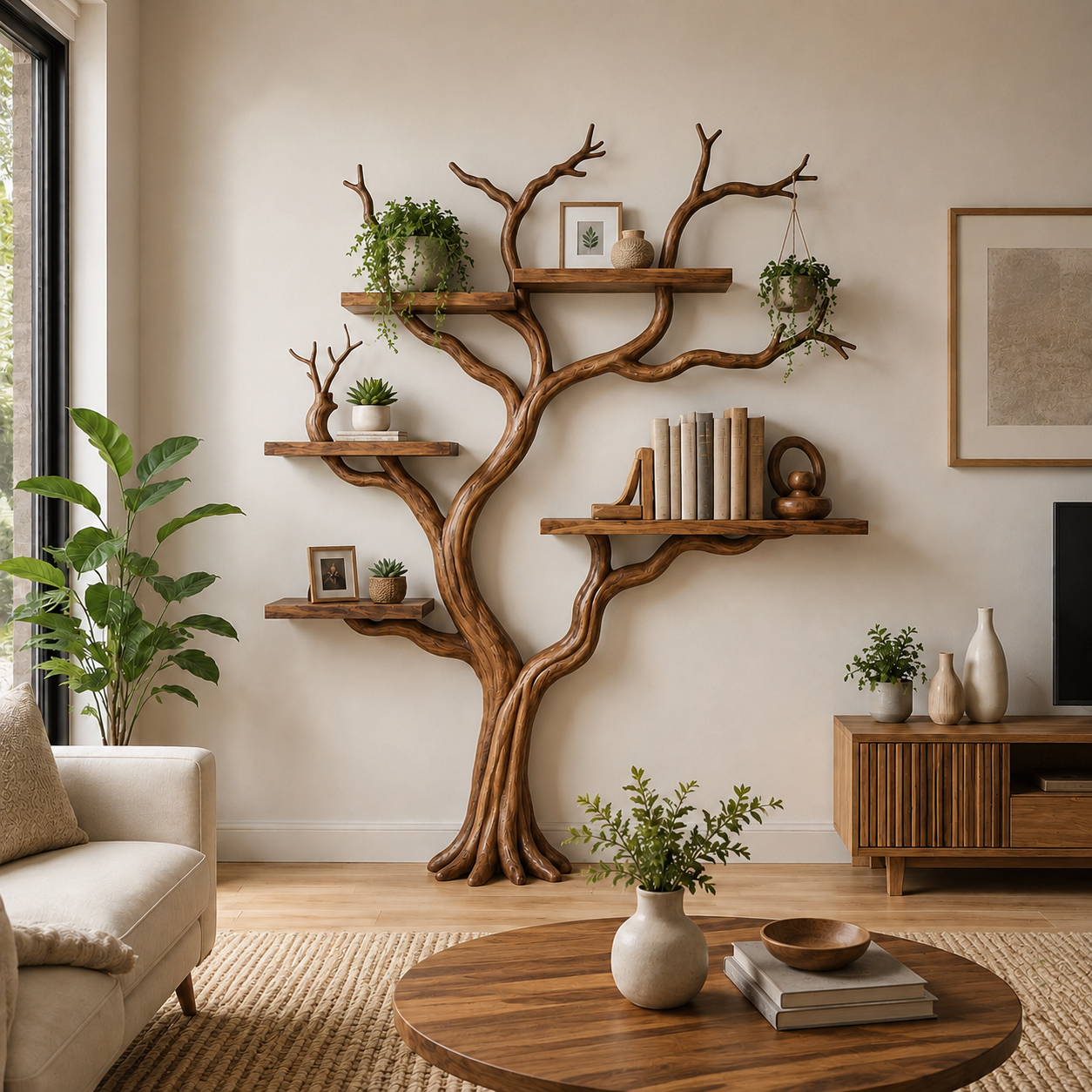 Rustic Solid Wood Tree Bookshelf for Elegant Living Room Storage