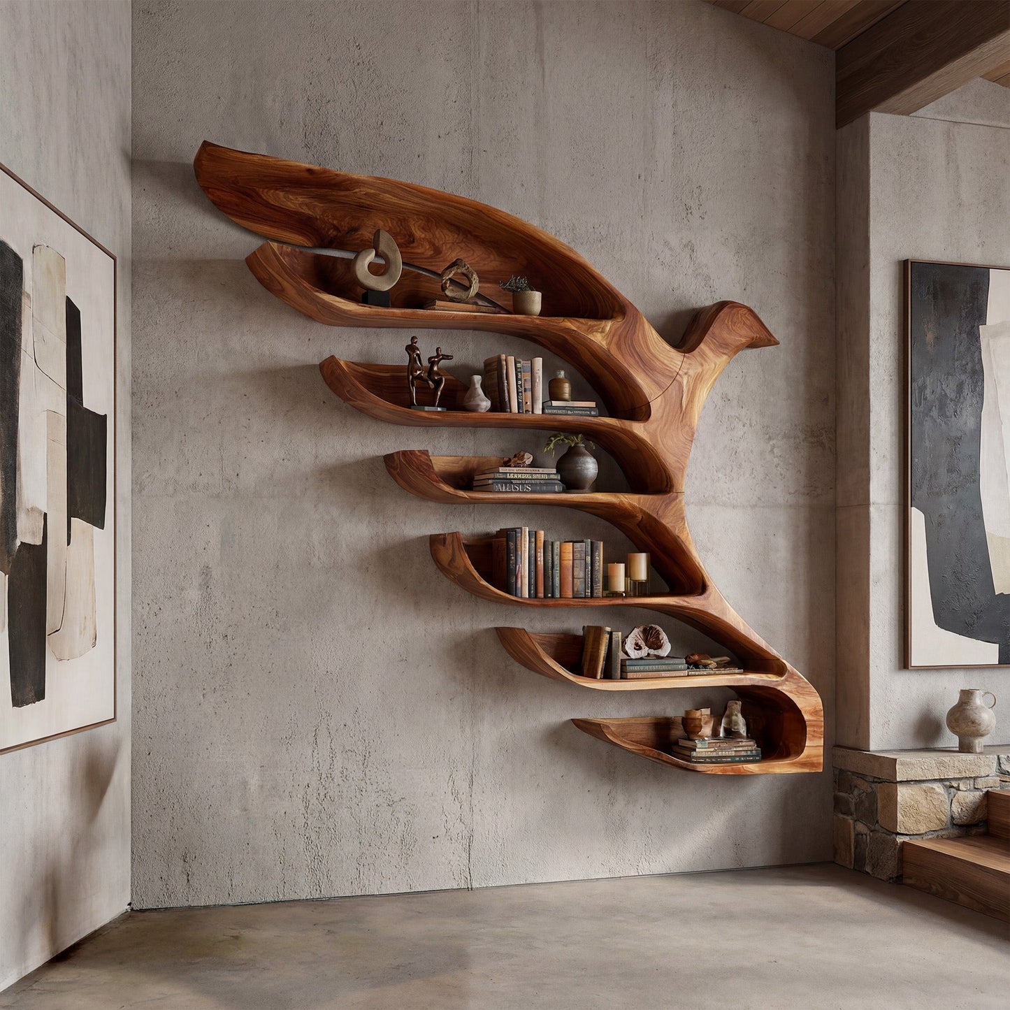 Bird Form Wood Wall Shelf With Open Display