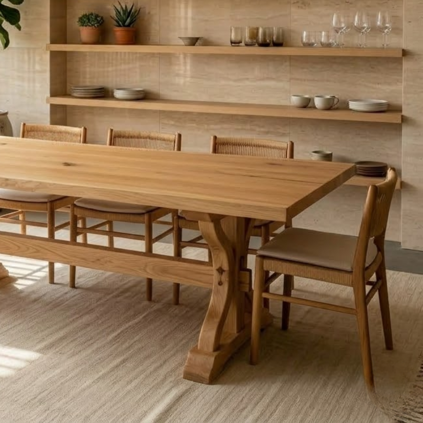 Solid Wood Dining Table for Dining Room with Sculpted Trestle Base