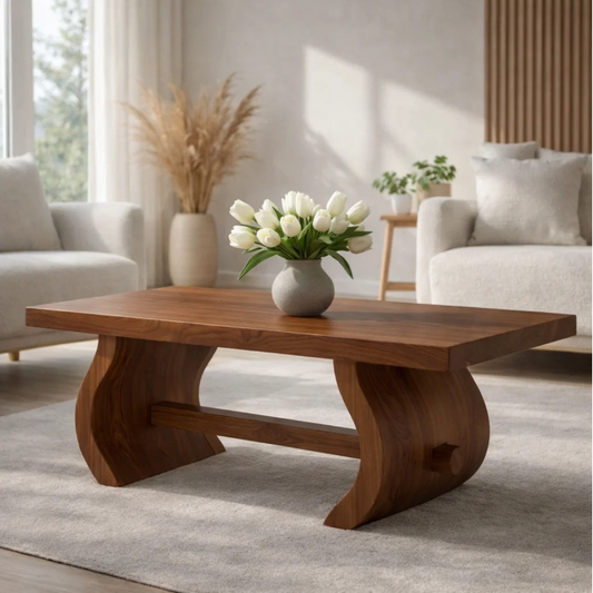 Solid Wood Coffee Table for Modern Home with Sculpted Curved Legs