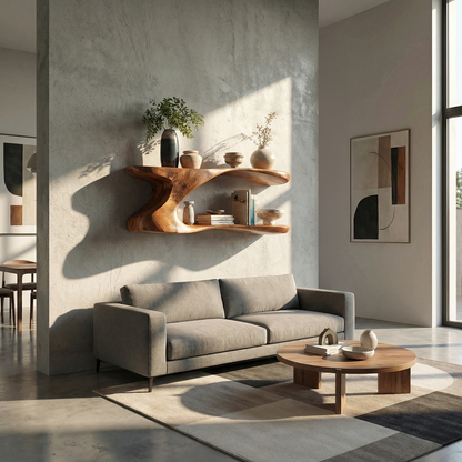 Natural Wood Floating Shelf with Sculptural Dual-Level Curve
