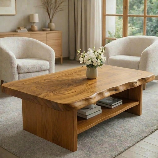Solid Wood Coffee Table for Living Room with Live Edge Top and Storage Shelf