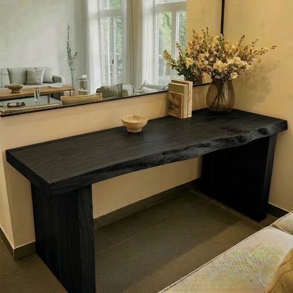 Solid Wood Console Table with Live Edge Top and Simple Block Base