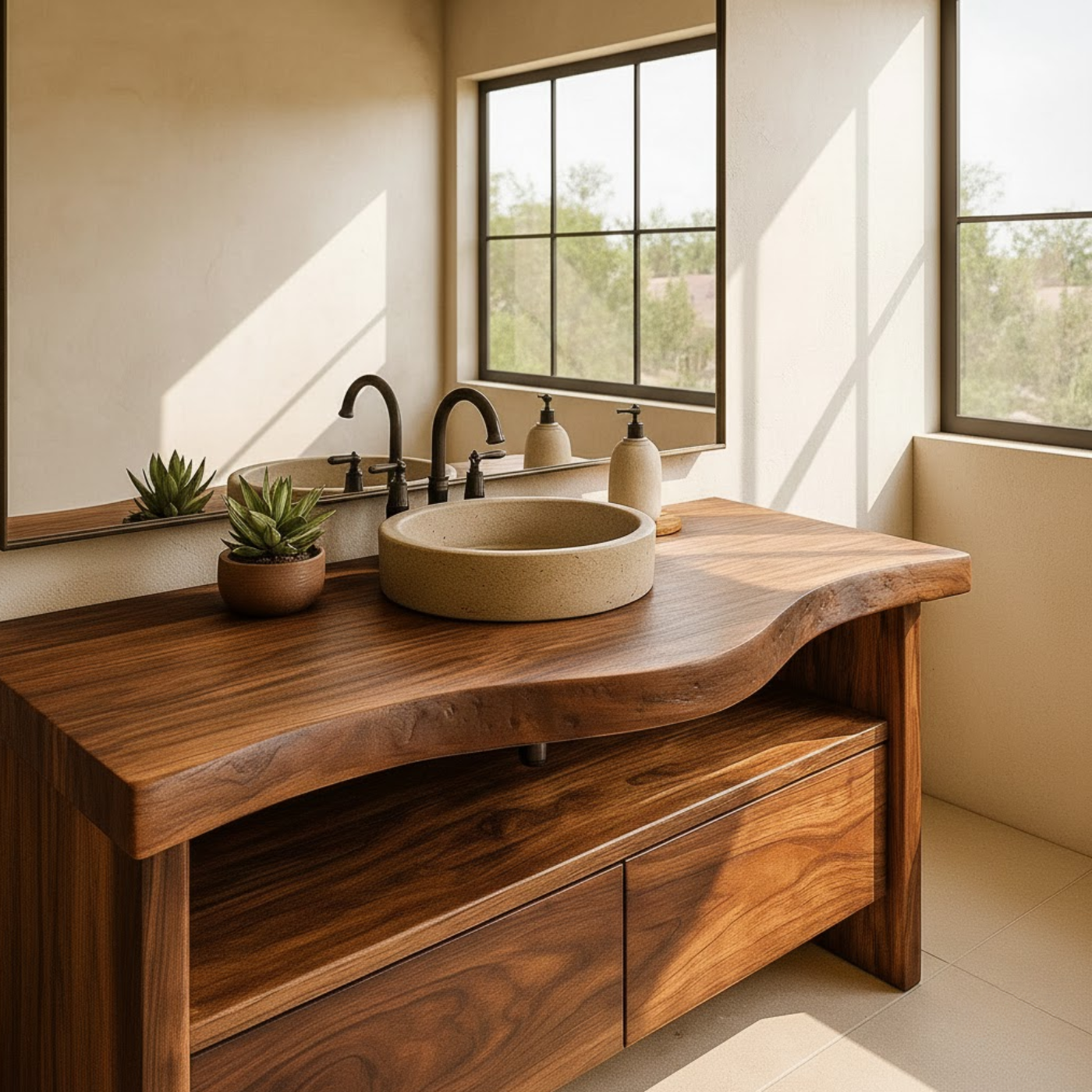 Handcrafted Solid Wood Bathroom Vanity with Live-Edge Walnut Top and Modern Storage Drawers Kitchnce