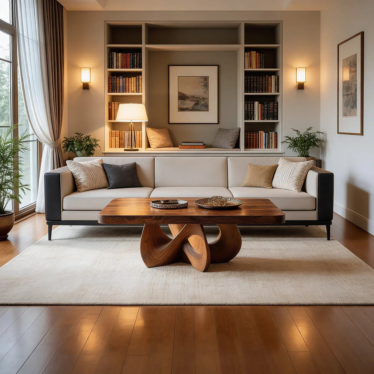 Square Natural Wood Coffee Table with Interwoven Sculptural Base