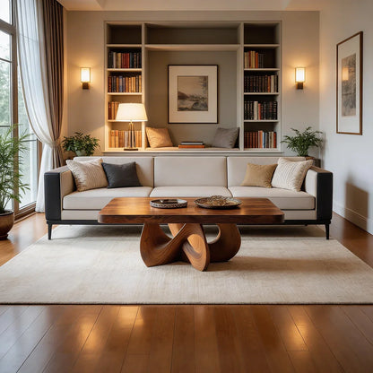 Square Natural Wood Coffee Table with Interwoven Sculptural Base