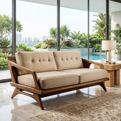 Mid Century Solid Wood Sofa with Beige Tufted Cushions Modern Loveseat Couch