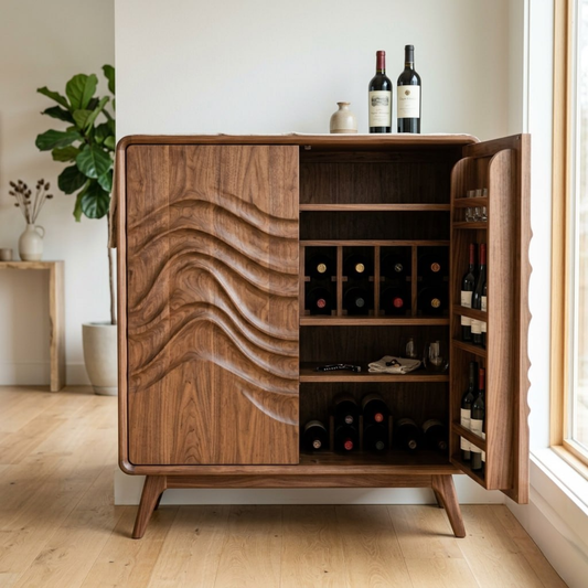 Handcrafted Solid Wood Wine Cabinet with Sculpted Wave Door and Storage Shelves