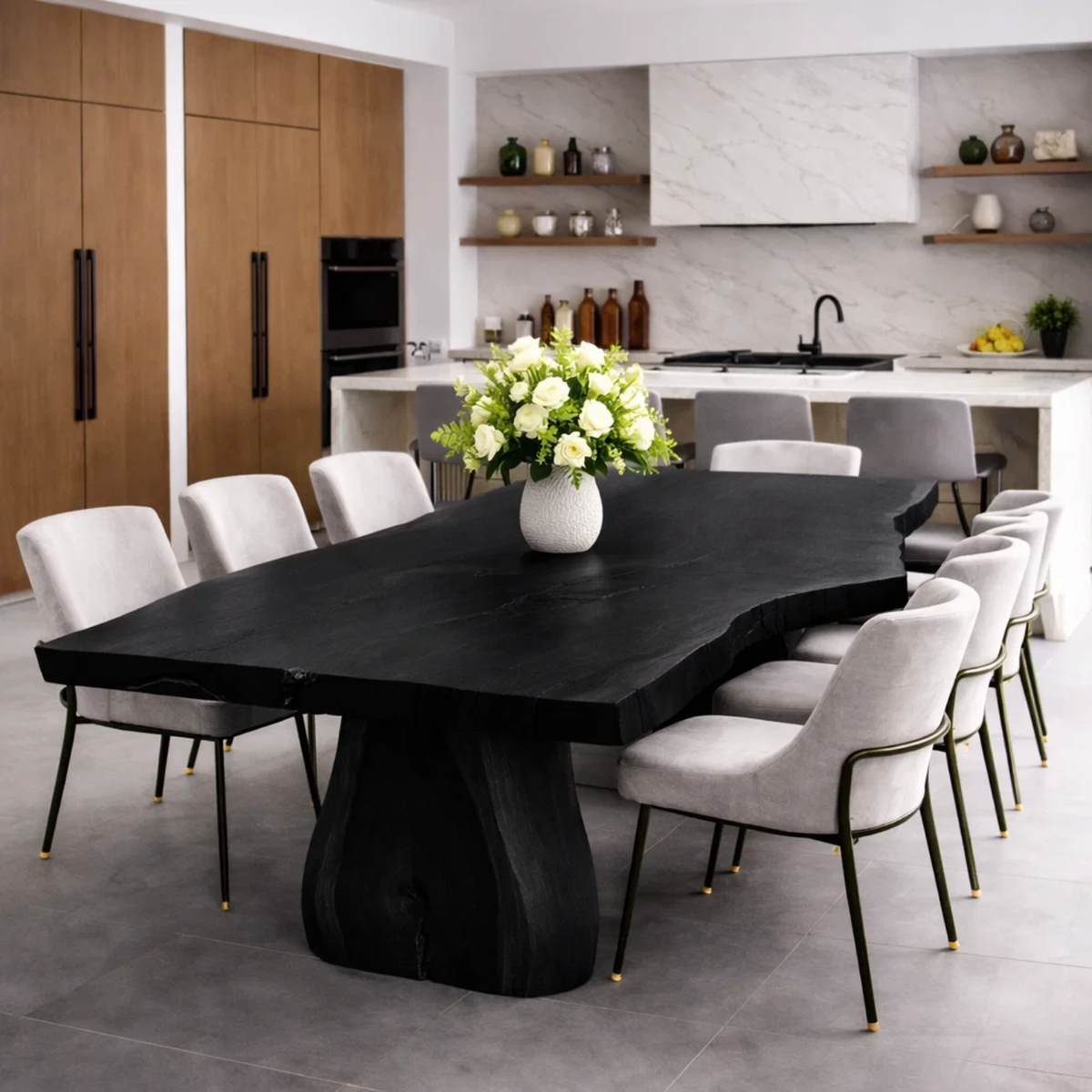Solid Wood Live Edge Dining Table with Sculptural Pedestal Base – Modern Kitchen Table