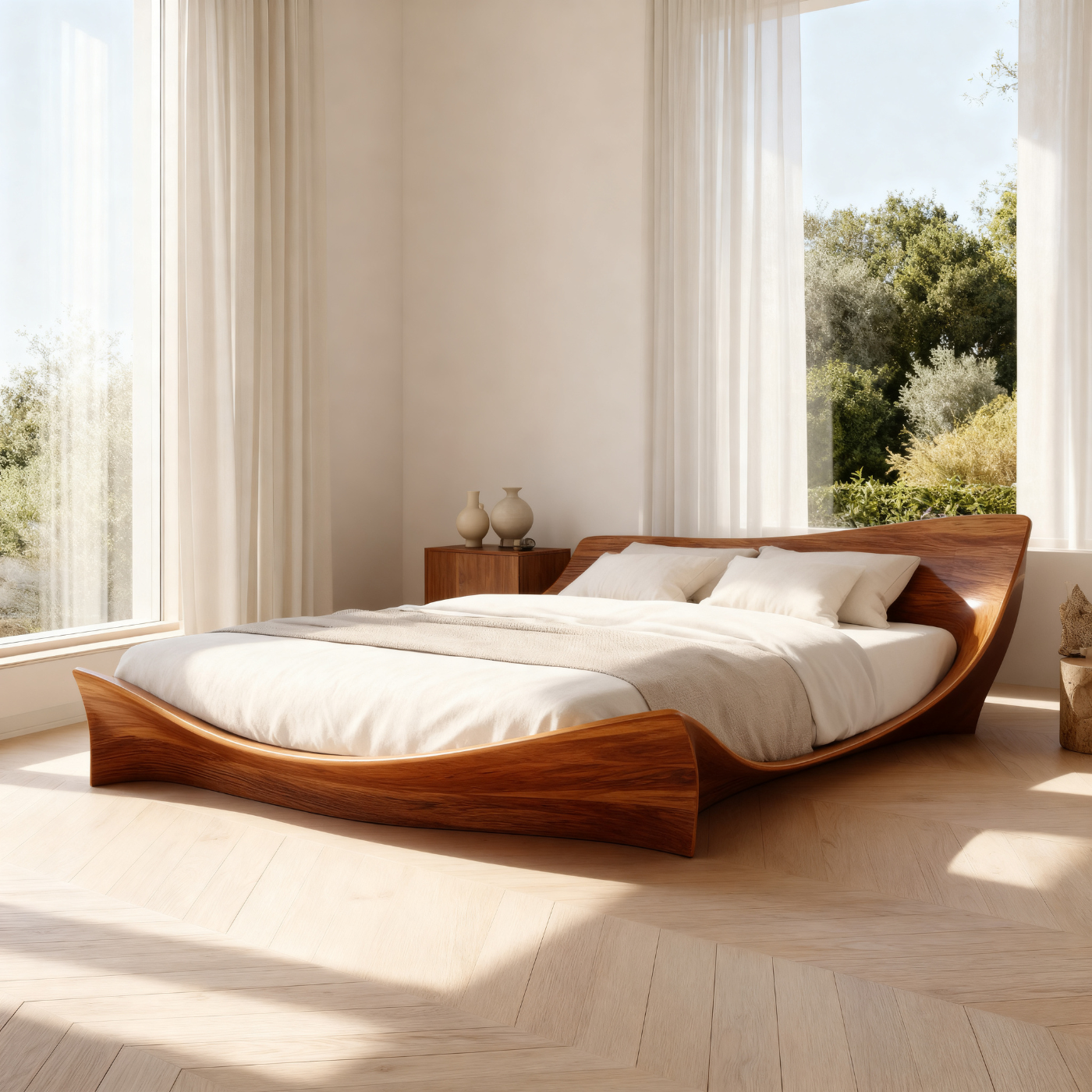 Solid Wood Platform Bed with Sculptural Curved Frame