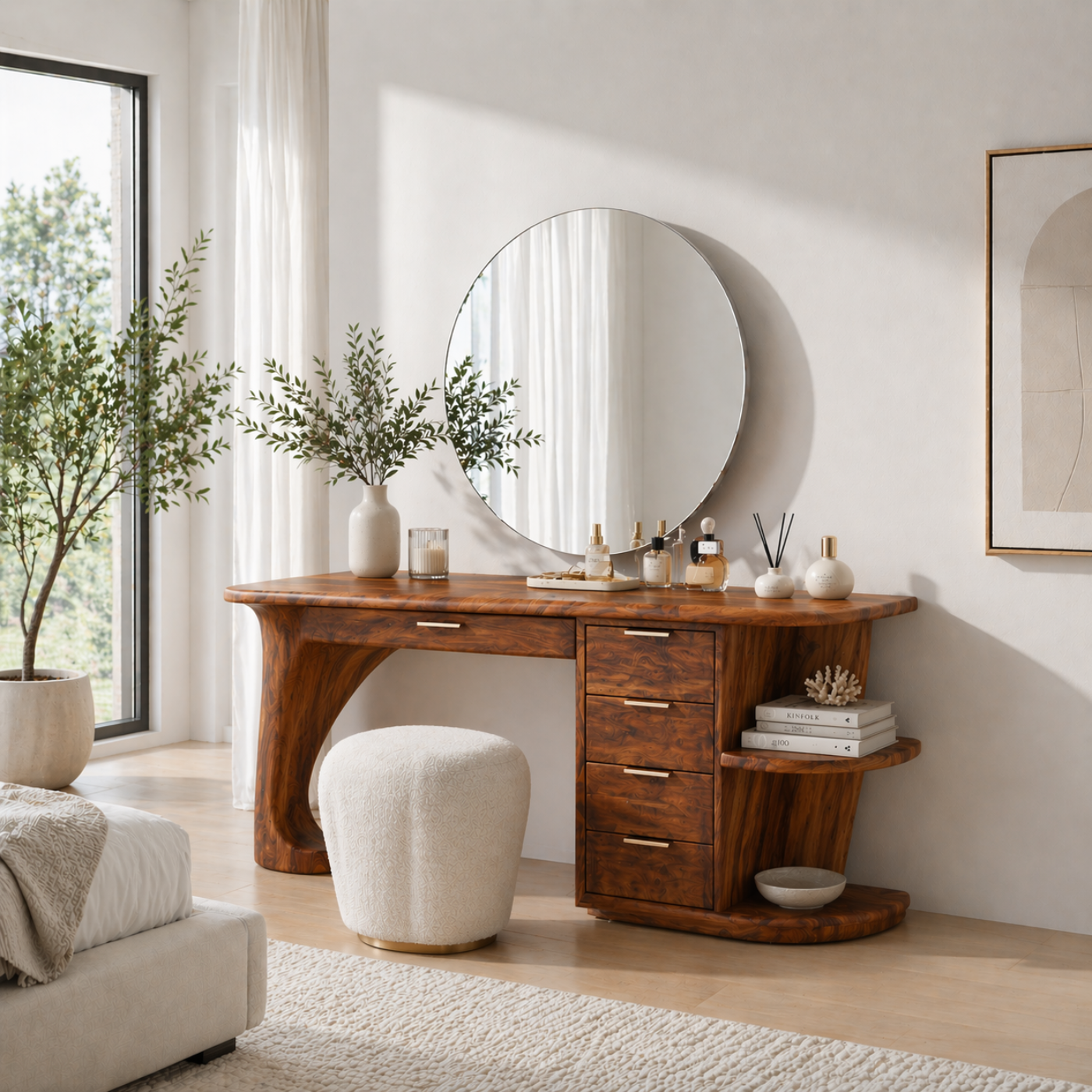 Solid Wood Makeup Vanity Desk with Curved Base and Multi Drawer Storage