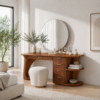 Solid Wood Makeup Vanity Desk with Curved Base and Multi Drawer Storage