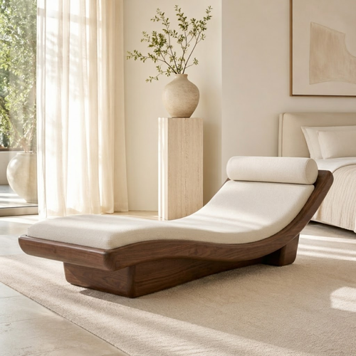 Modern Curved Chaise Lounge Daybed with Cushion and Bolster for Bedroom Decor