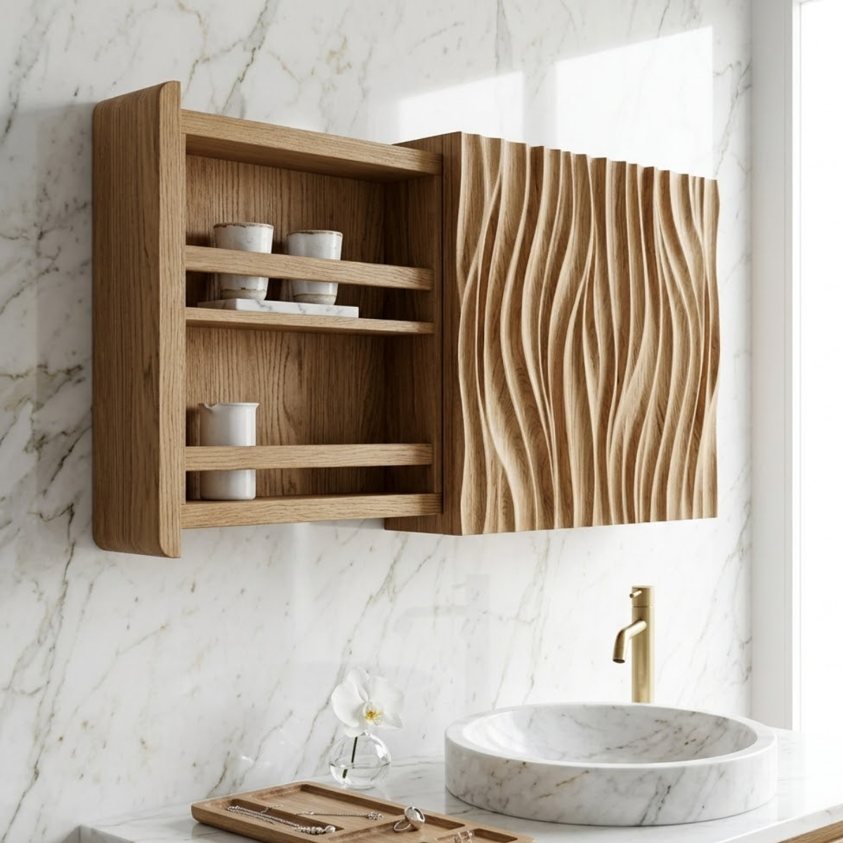 Floating Bathroom Cabinet, Modern Wavy Wall Mounted Vanity Storage Shelf Organizer