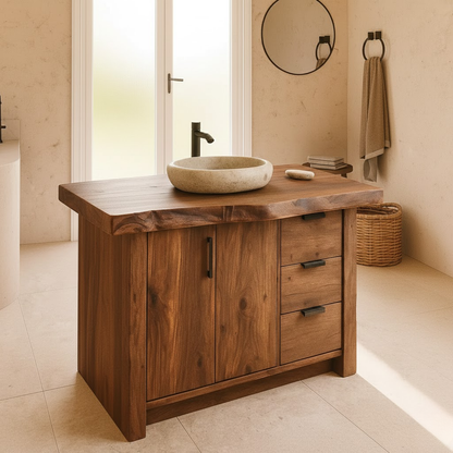 Handcrafted Solid Wood Bathroom Vanity with Live-Edge Top and Modern Storage Drawers Kitchnce